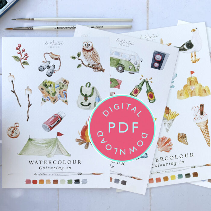 Wander & Watercolour: 4-Book Travel-Themed Colouring Digital Bundle: Beach•Camping • London • Festival