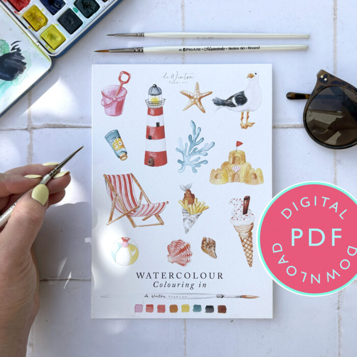 Seaside Strokes: A Beach-Themed Watercolour Colouring Book for Beginners Digital Download